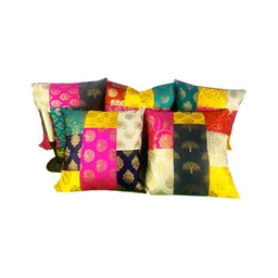 Pink Parrot Yellow & Pink 5 Pieces Floral Printed Patchwork Square Cushion Covers-18
