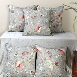 MFD HOME FURNISHING Grey & Orange 5 Pieces Floral Square Cushion Covers-image-73