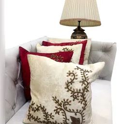 Good Vibes Cream & Red 5 Pieces Embellished Velvet Square Cushion Covers-image-39