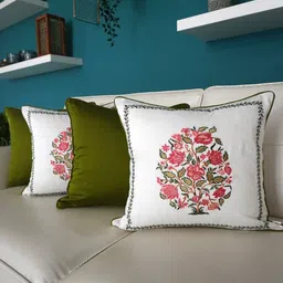 TARA- Sparkling Homes 4 Pcs Olive Green & White Embroidered Square Cushion Covers-image-64