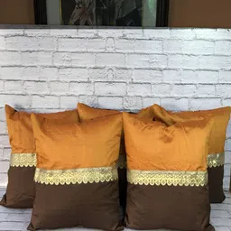Pink Parrot Brown & Orange 5 Pieces Colourblocked Embellished Square Cushion Covers-picture-0