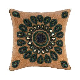 AIVIK Green & Peach Floral Embellished Silk Square Cushion Cover-image-24