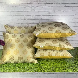 Pink Parrot Beige & Gold Toned 5 Pieces Ethnic Motifs Zari Square Cushion Covers-image-1