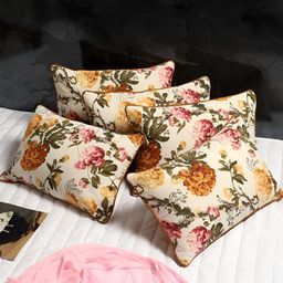 MFD HOME FURNISHING Beige & Brown 5 Pieces Floral Cotton Rectangle Cushion Covers-image-46