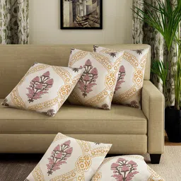 Sangria White & Pink 5 Pieces Floral Printed Pure Cotton Square Cushion Covers-18