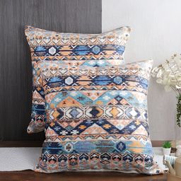 Aura Turquoise Blue & Navy Blue 2Pcs Ethnic Motifs Velvet Square Cushion Covers-image-85