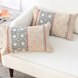 Art Avenue Cream-Coloured & Blue Geometric Printed Rectangle Cotton Cushion Cover-6