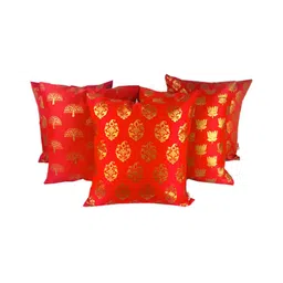 Pink Parrot Red & Gold-Toned 5 Pieces Ethnic Motifs Square Cushion Covers-image-77