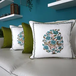 TARA- Sparkling Homes 4 Pcs Olive Green & White Floral Square Cushion Covers-image-72