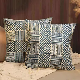 BELLA TRUE Cream-Coloured & Blue 2 Pieces Geometric Square Cushion Covers-image-5