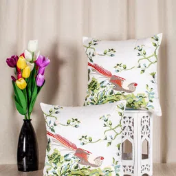 SHADES of LIFE White & Green Cotton Set of 2 Floral Square Cushion Covers-25