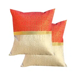 Pink Parrot Orange & Cream-Coloured 5 Pieces Geometric Square Cushion Covers-21