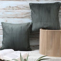 MFD HOME FURNISHING Green 2 Pieces Striped Velvet Square Cushion Covers-image-82
