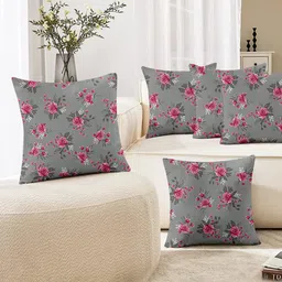Lushomes Grey & Pink 5 Pieces Floral Square Cushion Covers-image-20