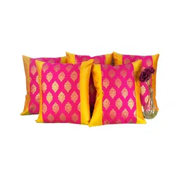 Pink Parrot Pink & Gold-Toned 5 Pieces Floral Square Cushion Covers-image-92