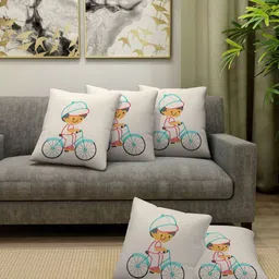 FABINALIV Off White & Teal 5 Pieces Cotton Embroidered Square Cushion Covers-image-22