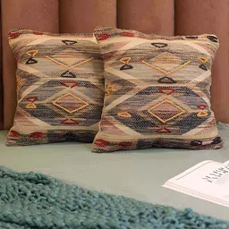 BELLA TRUE Brown & Red 2 Pieces Embroidered Square Cushion Covers-4