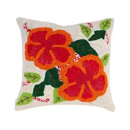 AIVIK White & Orange Floral Embroidered Silk Square Cushion Cover-picture-7