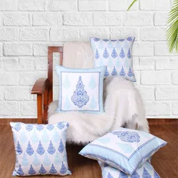 STITCHNEST White & Blue 5 Pieces Ethnic Motifs Square Cushion Covers-44