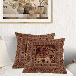 YWULY Maroon & Gold-Toned 2 Pieces Square Cushion Covers-29