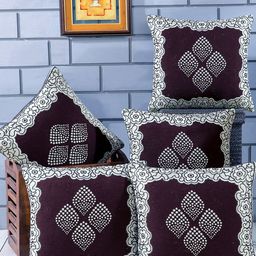 Nendle Brown & White 5 Pieces Floral Printed Cotton Square Cushion Covers-image-52