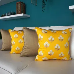 TARA- Sparkling Homes 4 Pcs Yellow & Brown Embroidered Square Cushion Covers-31