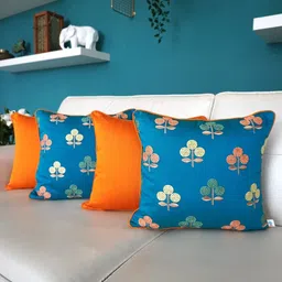 TARA- Sparkling Homes Blue & Orange 4 Pieecs Floral Embroidered Square Cushion Covers-image-23