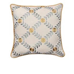 SHADES of LIFE Beige & Green Set of 2 16" x 16" Floral Square Cotton Cushion Covers-27