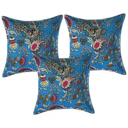 INDHOME LIFE Blue & Red Set of 3 Ethnic Motifs Printed Pure Cotton Square Cushion Covers-14