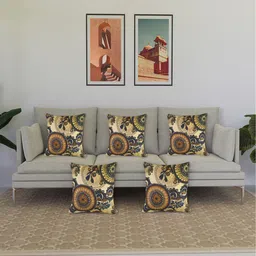 Kuber Industries 5 Pieces Golden & Brown Ethnic Motifs Jute Silk Square Cushion Cover-37
