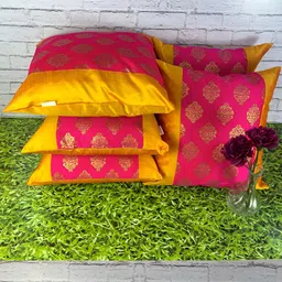 Pink Parrot Yellow & Pink 5 Pieces Ethnic Motifs Jacquard Silk Square Cushion Covers-image-32