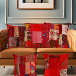 AIVIK Red & Blue 5Pcs Ethnic Motifs Silk Square Cushion Covers-image-31
