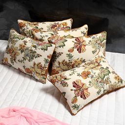 MFD HOME FURNISHING Beige & Green 5 Pieces Floral Rectangle Cotton Cushion Covers-image-42