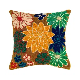 YWULY Yellow & Brown Floral Embellished Square Cushion Cover-1
