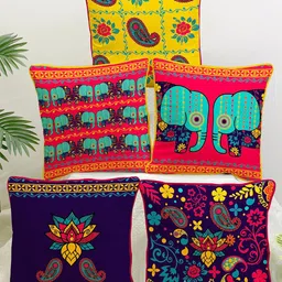 STITCHNEST Navy Blue & Orange Set of 5 Ethnic Motifs Velvet Square Cushion Covers-57