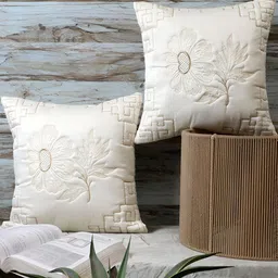 MFD HOME FURNISHING White & Gold-Toned 2 Pieces Floral Satin Square Cushion Covers-25