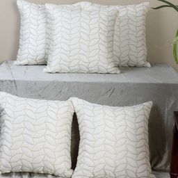 MFD HOME FURNISHING White & Gold-Toned 5 Pieces Floral Satin Square Cushion Covers-16