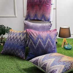 ROMEE Blue & Pink Set of 5 Geometric Velvet Square Cushion Covers-20
