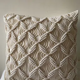 Kaahira Off White Self Design Cotton Macrame Square Cushion Cover-image-6