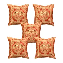 Pink Parrot Red & Gold Toned 5 Pieces Ethnic Motifs Square Cushion Covers-image-2