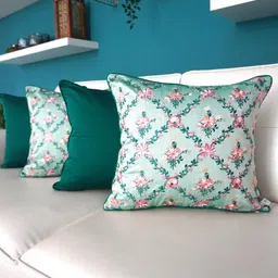 TARA- Sparkling Homes Green & Pink 4 Pieces Floral Embroidered Square Cushion Covers-image-14