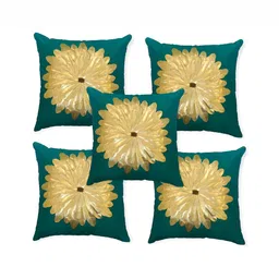 MONKDECOR Green & Beige 5 Pcs Floral Square Cushion Covers-image-70