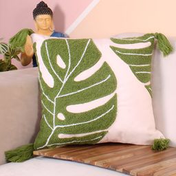 STITCHNEST Pink & Green Embroidered Square Cushion Cover-18