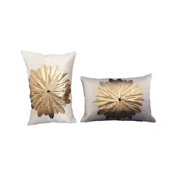 MONKDECOR Cream & Gold Toned 2 Pieces Silk Floral Rectangle Cushion Covers-image-6