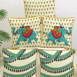 STITCHNEST Blue & Cream-Coloured Set of 5 Floral Velvet Square Cushion Covers-10