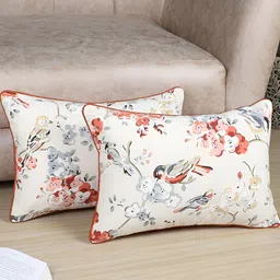 MFD HOME FURNISHING White & Red 2 Pieces Floral Rectangle Cotton Cushion Covers-50