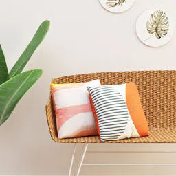 HAPPY HUES White & Orange 2 Pieces Geometric Square Cushion Covers-image-42