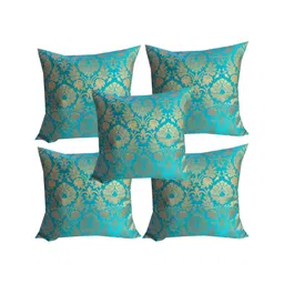 Pink Parrot Blue & Gold-Toned 5 Pcs Ethnic Motifs Square Cushion Covers-image-38