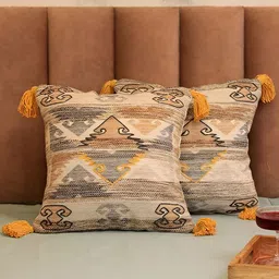 BELLA TRUE Beige & Grey Set of 2 Geometric Cotton Square Cushion Covers-17