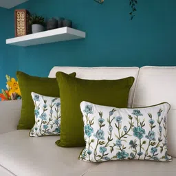 TARA- Sparkling Homes 4 Pcs Olive Green & White Floral Rectangle Cushion Covers-5